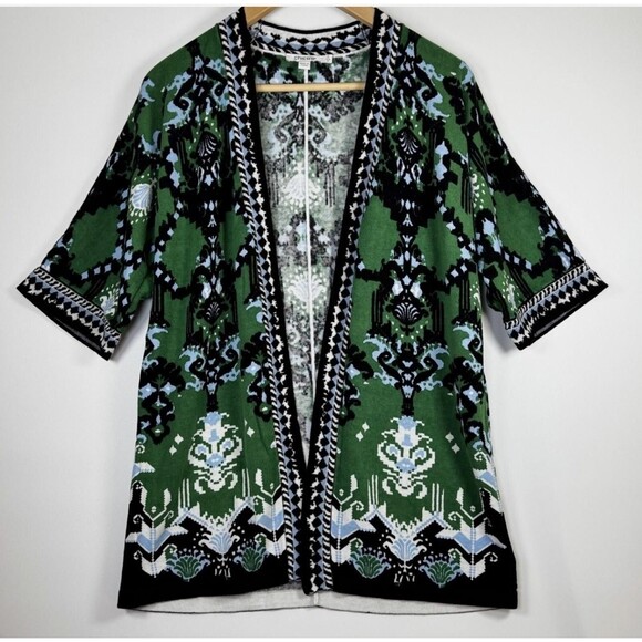 Chicos Cardigan Small Open Front Knit Boho Pattern Linen Blend Short Sleeve - Picture 1 of 12